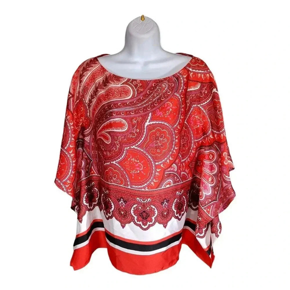 Ralph Lauren Scarf Top Tunic Poncho Kimono Red Multi Women's Small - Picture 1 of 5
